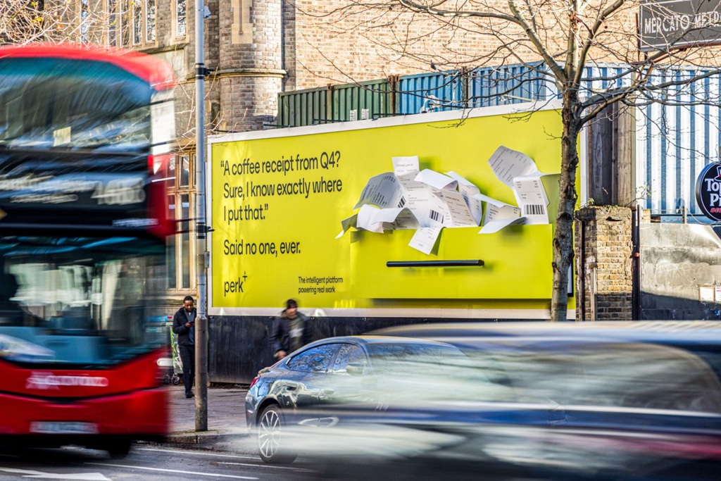 perk brings expenses to life with bursting billboard stunt